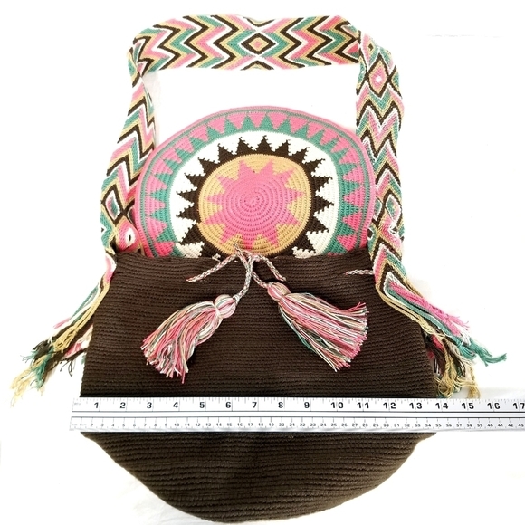 Handmade Crochet Colorful Bohemian Crossbody Shoulder Bucket Bag With Flap Cover - Picture 9 of 12